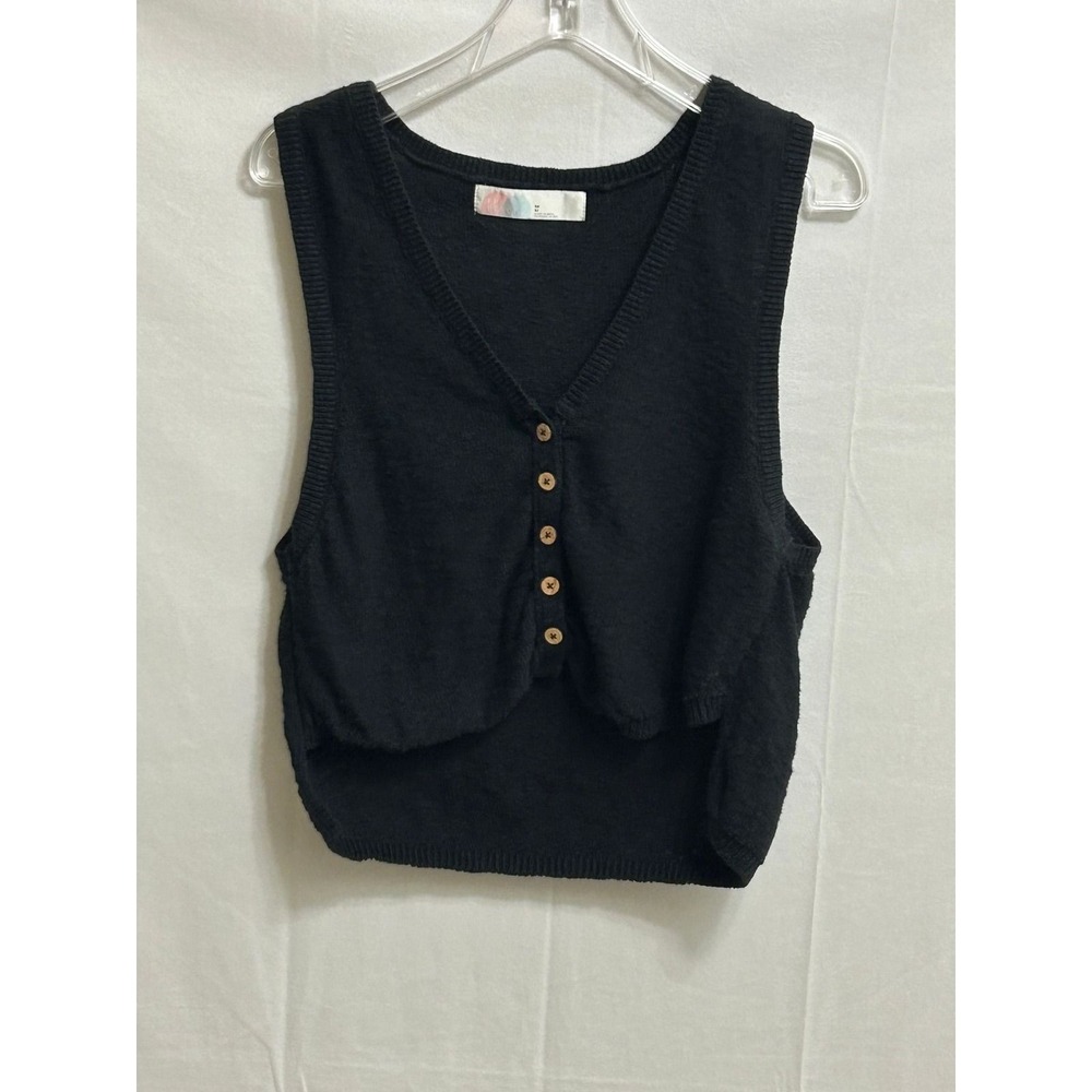 Free People FP Beach Black Knit Button Front V-Neck Sweater Vest Medium